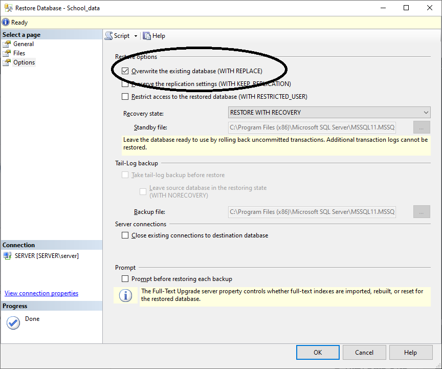 از منوی Options گزینه Overwrite the existing database